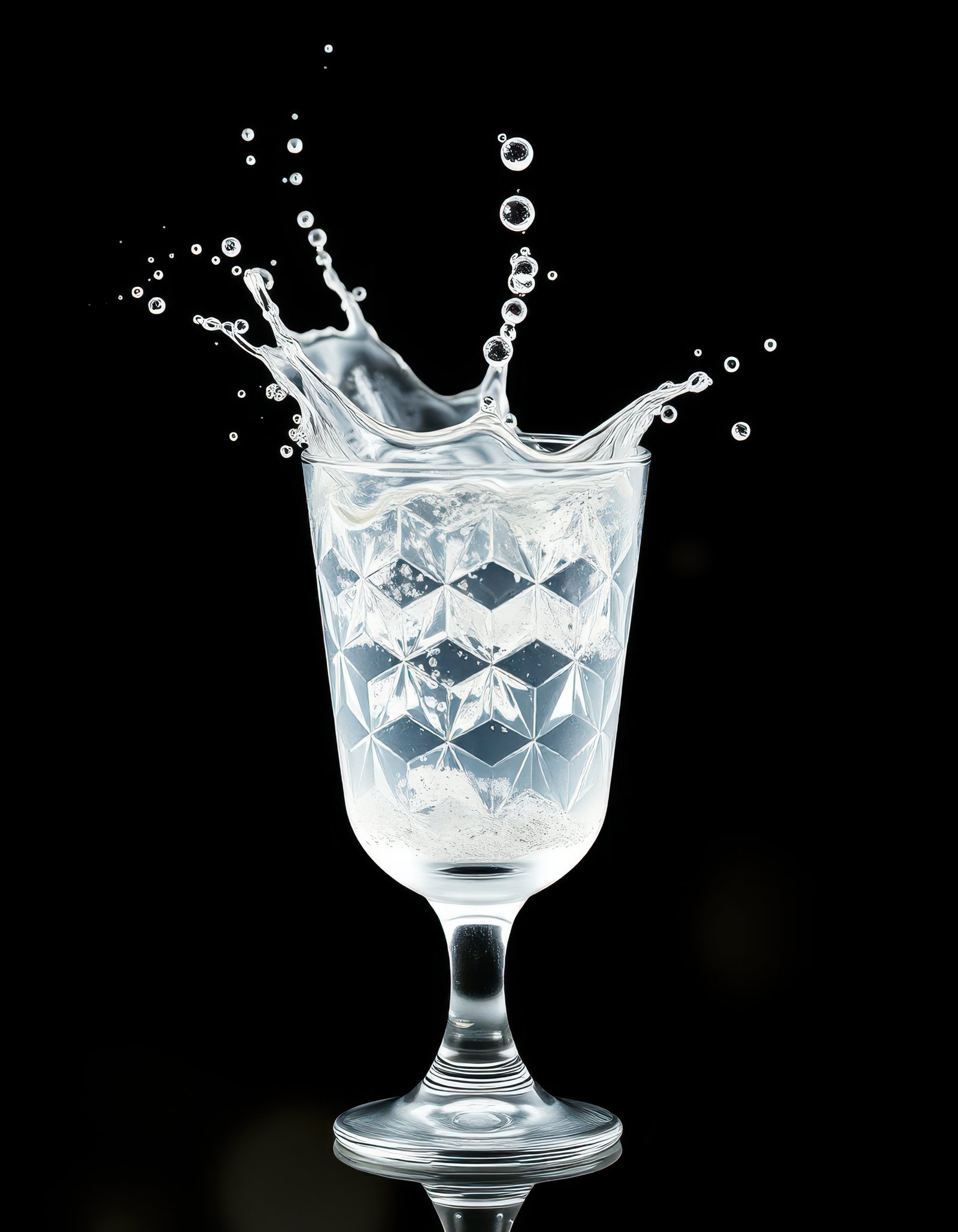 A glass of water splashes on a black background